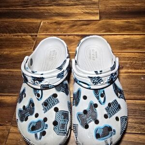 Authentic Crocs Classic Clogs in kids size C12, featuring a fun gamer-themed pri